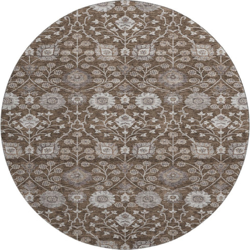 8' Chocolate Beige And Gray Floral Washable Round Rug With UV Protection