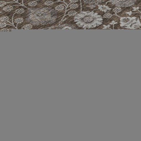 8' Chocolate Beige And Gray Floral Washable Round Rug With UV Protection