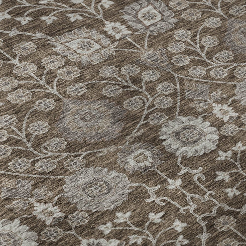 8' Chocolate Beige And Gray Floral Washable Round Rug With UV Protection