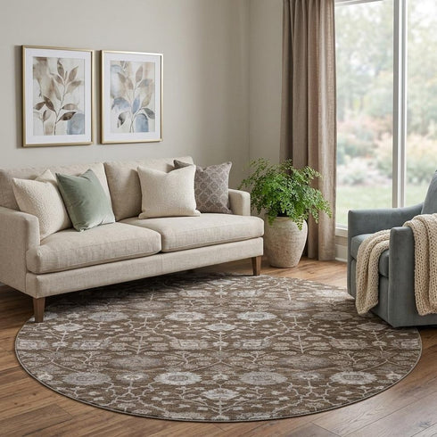 8' Chocolate Beige And Gray Floral Washable Round Rug With UV Protection