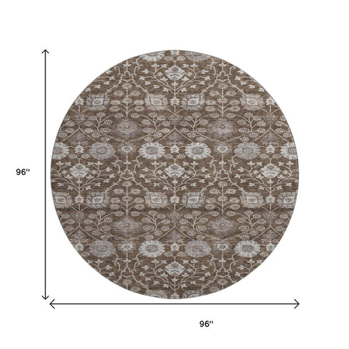 8' Chocolate Beige And Gray Floral Washable Round Rug With UV Protection
