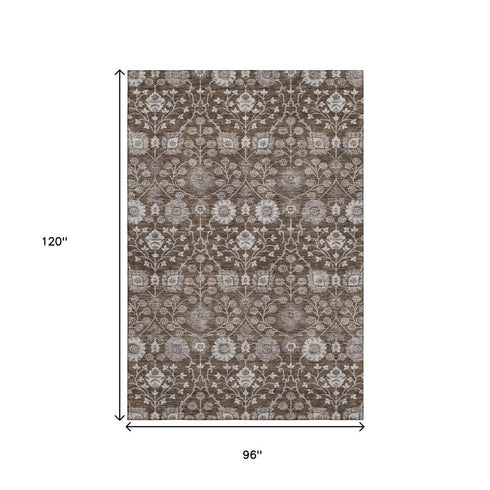 8' X 10' Chocolate Beige And Gray Floral Washable Area Rug With UV Protection
