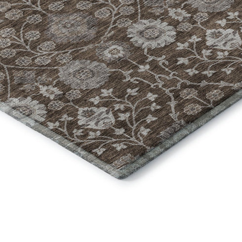 8' X 10' Chocolate Beige And Gray Floral Washable Area Rug With UV Protection