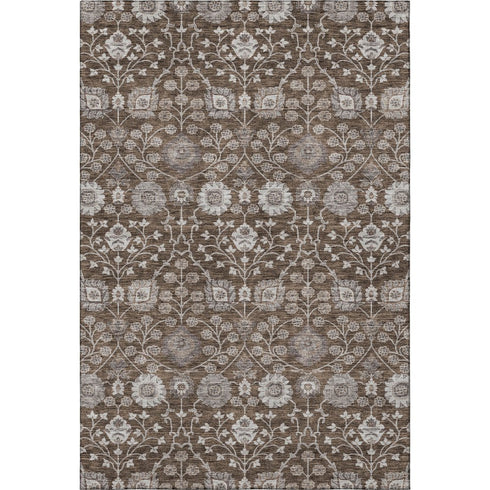 8' X 10' Chocolate Beige And Gray Floral Washable Area Rug With UV Protection