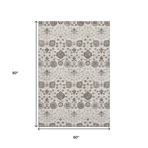 5' X 8' Ivory Brown And Gray Floral Washable Area Rug With UV Protection