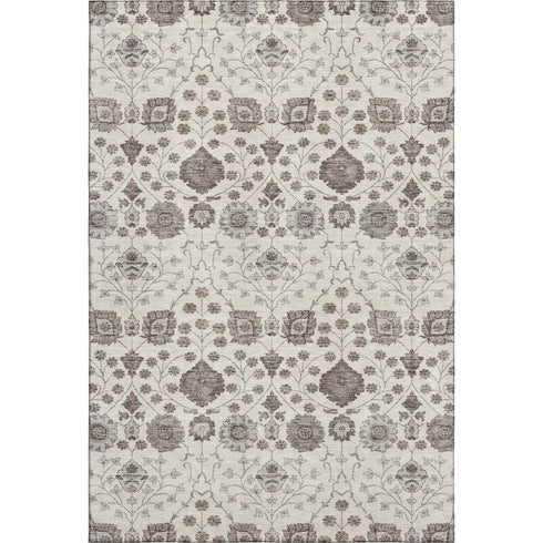 5' X 8' Ivory Brown And Gray Floral Washable Area Rug With UV Protection