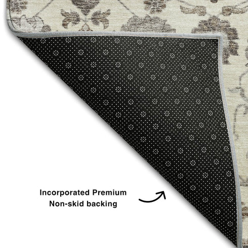 5' X 8' Ivory Brown And Gray Floral Washable Area Rug With UV Protection