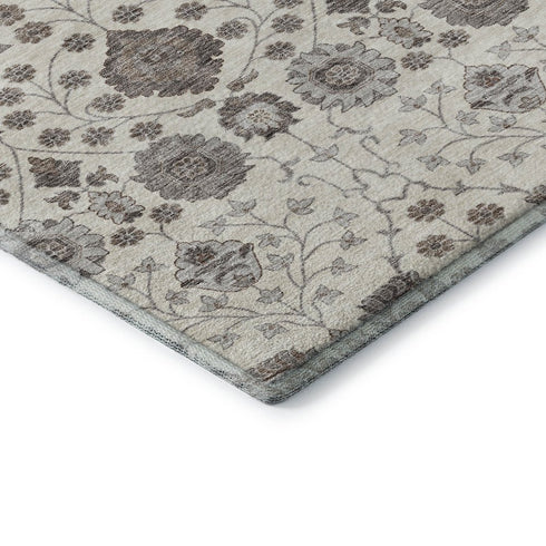 5' X 8' Ivory Brown And Gray Floral Washable Area Rug With UV Protection