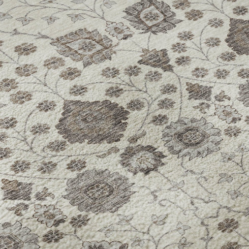 5' X 8' Ivory Brown And Gray Floral Washable Area Rug With UV Protection