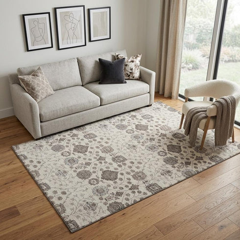5' X 8' Ivory Brown And Gray Floral Washable Area Rug With UV Protection