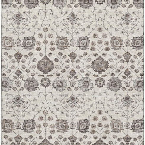 5' X 8' Ivory Brown And Gray Floral Washable Area Rug With UV Protection