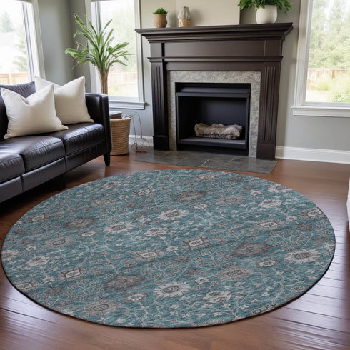 8' Teal Gray And Silver Floral Washable Round Rug With UV Protection