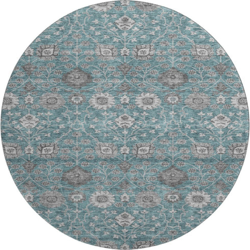 8' Teal Gray And Silver Floral Washable Round Rug With UV Protection