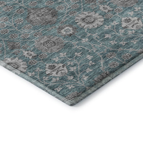 8' Teal Gray And Silver Floral Washable Round Rug With UV Protection