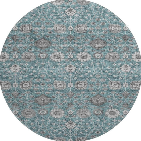 8' Teal Gray And Silver Floral Washable Round Rug With UV Protection