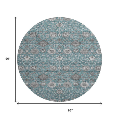 8' Teal Gray And Silver Floral Washable Round Rug With UV Protection