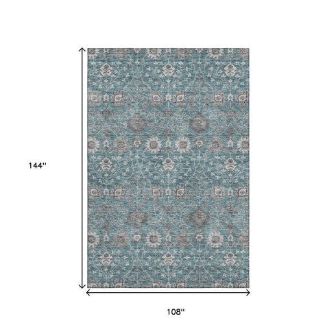 9' X 12' Teal Gray And Silver Floral Washable Area Rug With UV Protection