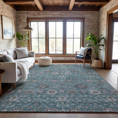 9' X 12' Teal Gray And Silver Floral Washable Area Rug With UV Protection