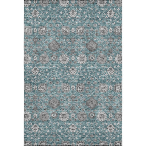 9' X 12' Teal Gray And Silver Floral Washable Area Rug With UV Protection