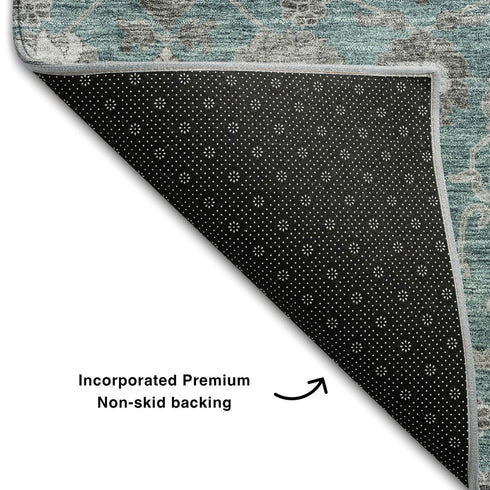 9' X 12' Teal Gray And Silver Floral Washable Area Rug With UV Protection