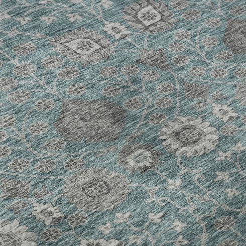 9' X 12' Teal Gray And Silver Floral Washable Area Rug With UV Protection