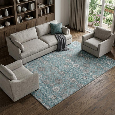 9' X 12' Teal Gray And Silver Floral Washable Area Rug With UV Protection