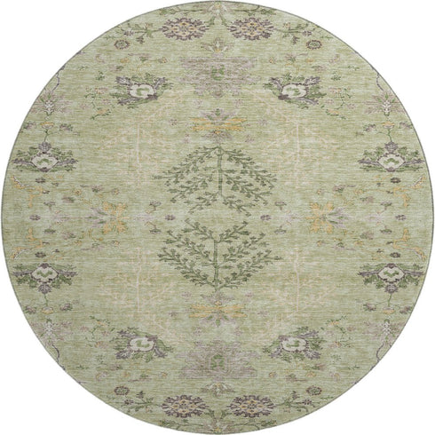 8' Artichoke Green Gold And Beige Floral Washable Round Rug With UV Protection