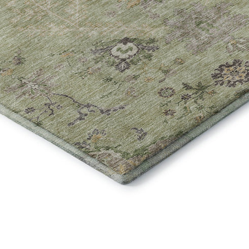 8' Artichoke Green Gold And Beige Floral Washable Round Rug With UV Protection