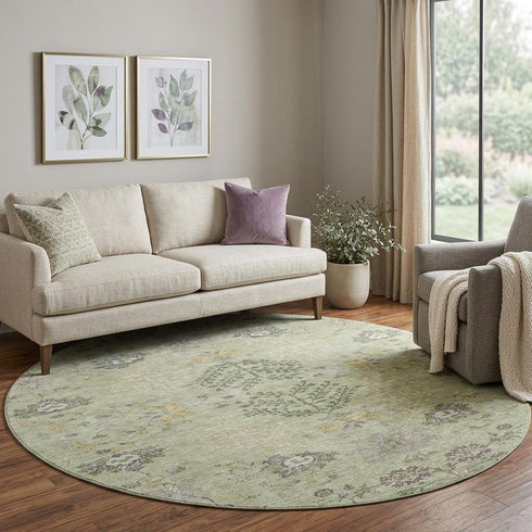 8' Artichoke Green Gold And Beige Floral Washable Round Rug With UV Protection