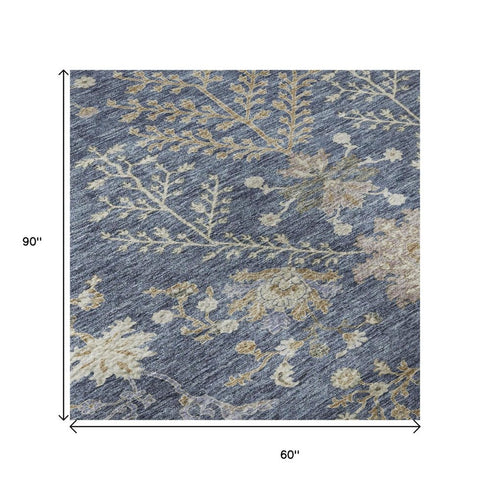 5' X 8' Blue Beige And Gray Floral Washable Area Rug With UV Protection