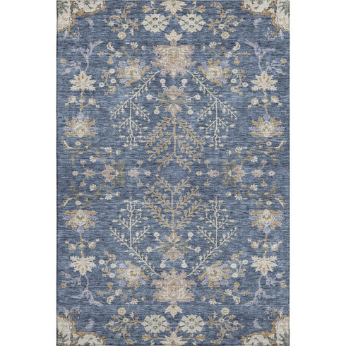 5' X 8' Blue Beige And Gray Floral Washable Area Rug With UV Protection