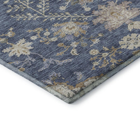 5' X 8' Blue Beige And Gray Floral Washable Area Rug With UV Protection