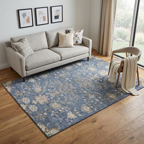 5' X 8' Blue Beige And Gray Floral Washable Area Rug With UV Protection
