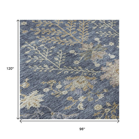 8' X 10' Blue Beige And Gray Floral Washable Area Rug With UV Protection