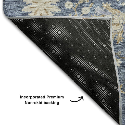 8' X 10' Blue Beige And Gray Floral Washable Area Rug With UV Protection