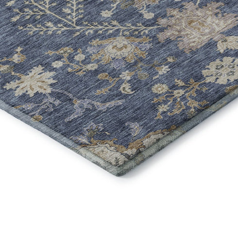 8' X 10' Blue Beige And Gray Floral Washable Area Rug With UV Protection