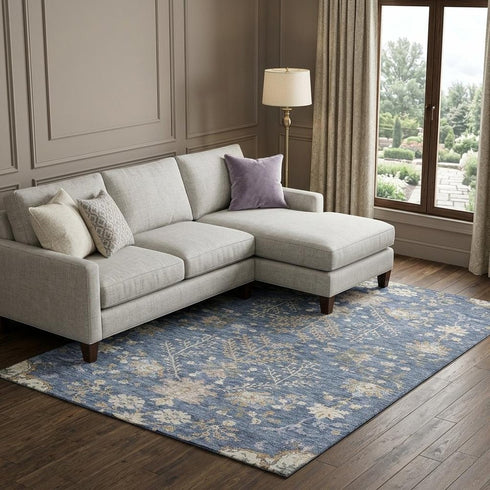 8' X 10' Blue Beige And Gray Floral Washable Area Rug With UV Protection
