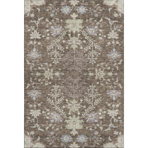 5' X 8' Brown Beige And Blue Floral Washable Area Rug With UV Protection