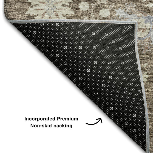 5' X 8' Brown Beige And Blue Floral Washable Area Rug With UV Protection