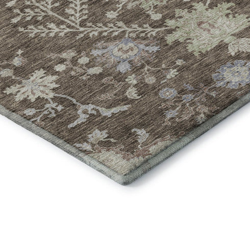 5' X 8' Brown Beige And Blue Floral Washable Area Rug With UV Protection