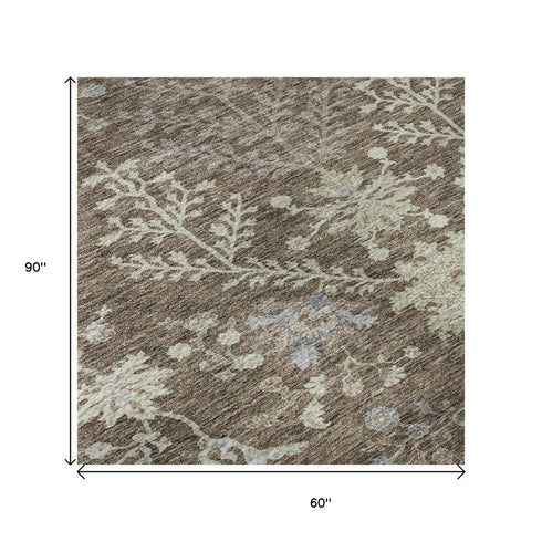 5' X 8' Brown Beige And Blue Floral Washable Area Rug With UV Protection