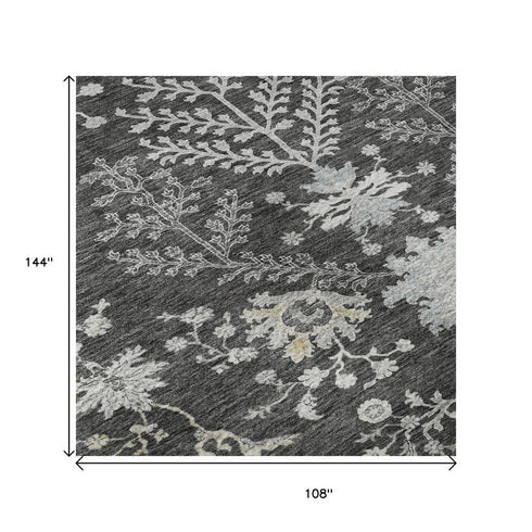 9' X 12' Charcoal Gray And Silver Floral Washable Area Rug With UV Protection