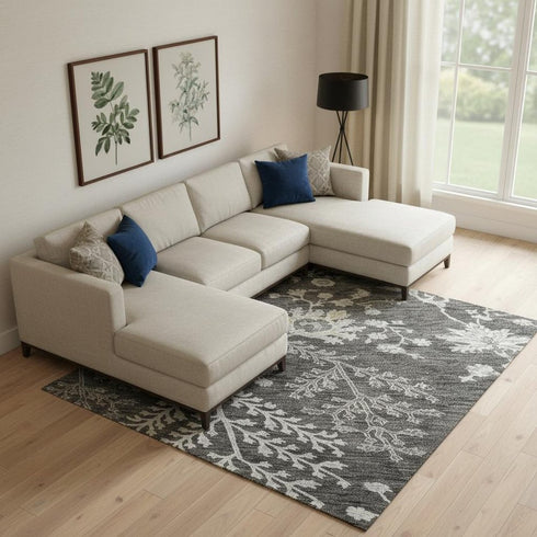 9' X 12' Charcoal Gray And Silver Floral Washable Area Rug With UV Protection