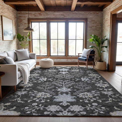 9' X 12' Charcoal Gray And Silver Floral Washable Area Rug With UV Protection