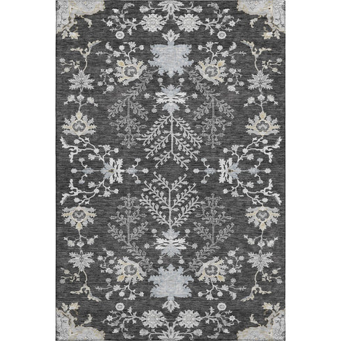 9' X 12' Charcoal Gray And Silver Floral Washable Area Rug With UV Protection