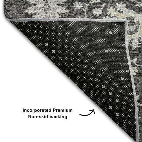 9' X 12' Charcoal Gray And Silver Floral Washable Area Rug With UV Protection