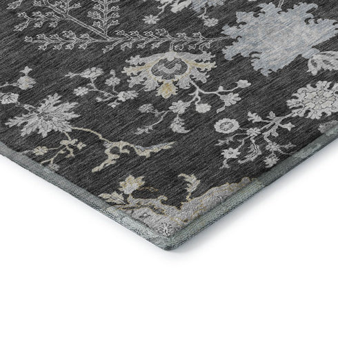9' X 12' Charcoal Gray And Silver Floral Washable Area Rug With UV Protection