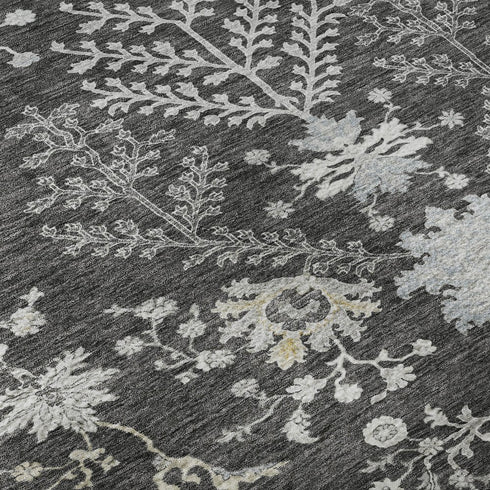 9' X 12' Charcoal Gray And Silver Floral Washable Area Rug With UV Protection
