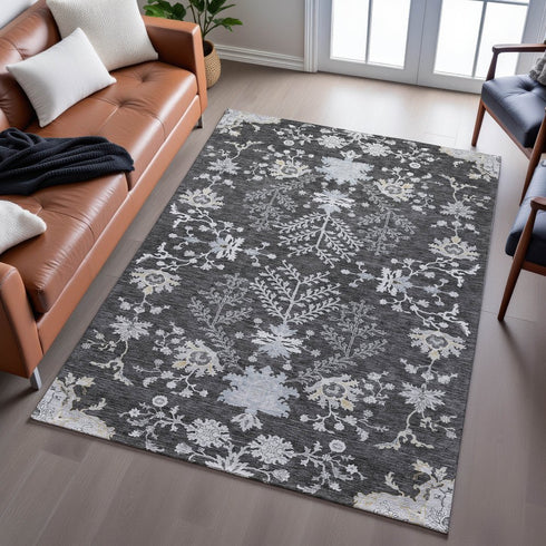 9' X 12' Charcoal Gray And Silver Floral Washable Area Rug With UV Protection
