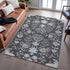 9' X 12' Charcoal Gray And Silver Floral Washable Area Rug With UV Protection